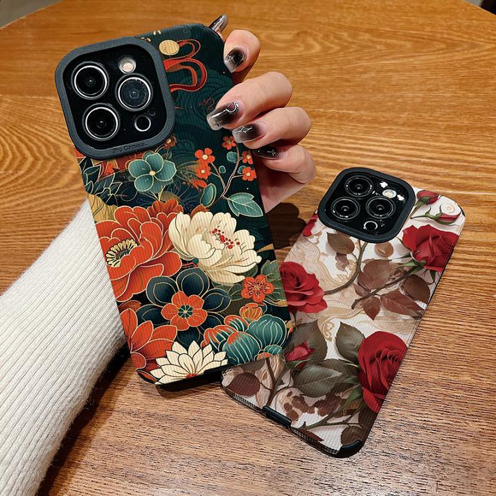 Funda Trasera de Cuero con Grano Vertical y Estampado Floral de Silicona Suave con Protección Completa para la Lente de la Cámara para Samsung