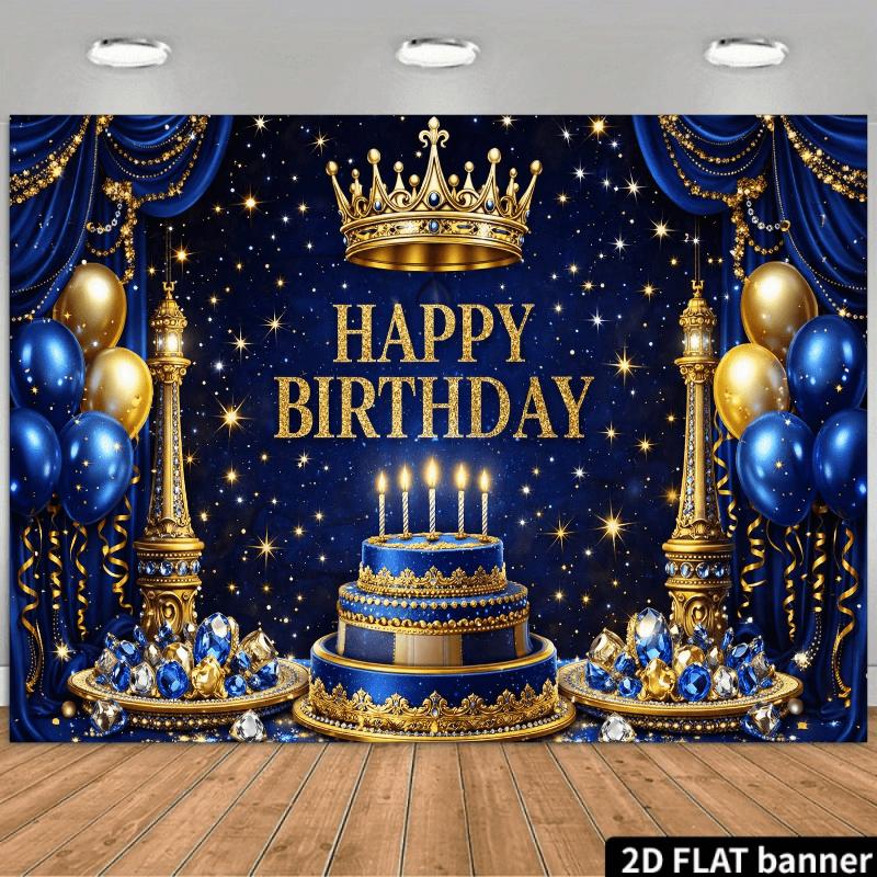 2D flat birthday party banner background - Blue and gold crown theme with blue velvet backdropzyc