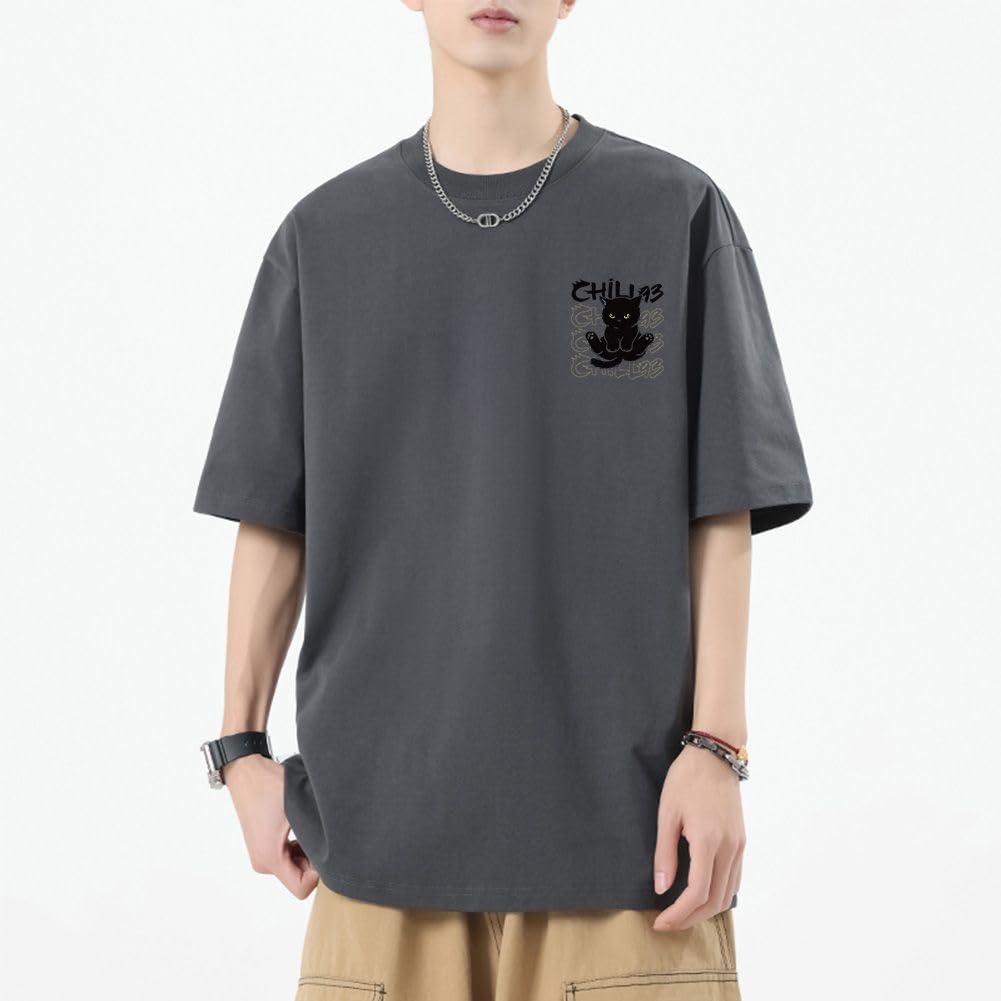 [Liaziong] Summer T-Shirt for Men, Short Sleeve, 100% Cotton, Plus Sizes, Cute Cat Print, Crew Neck, Half Sleeve Top - Gray - 2XL