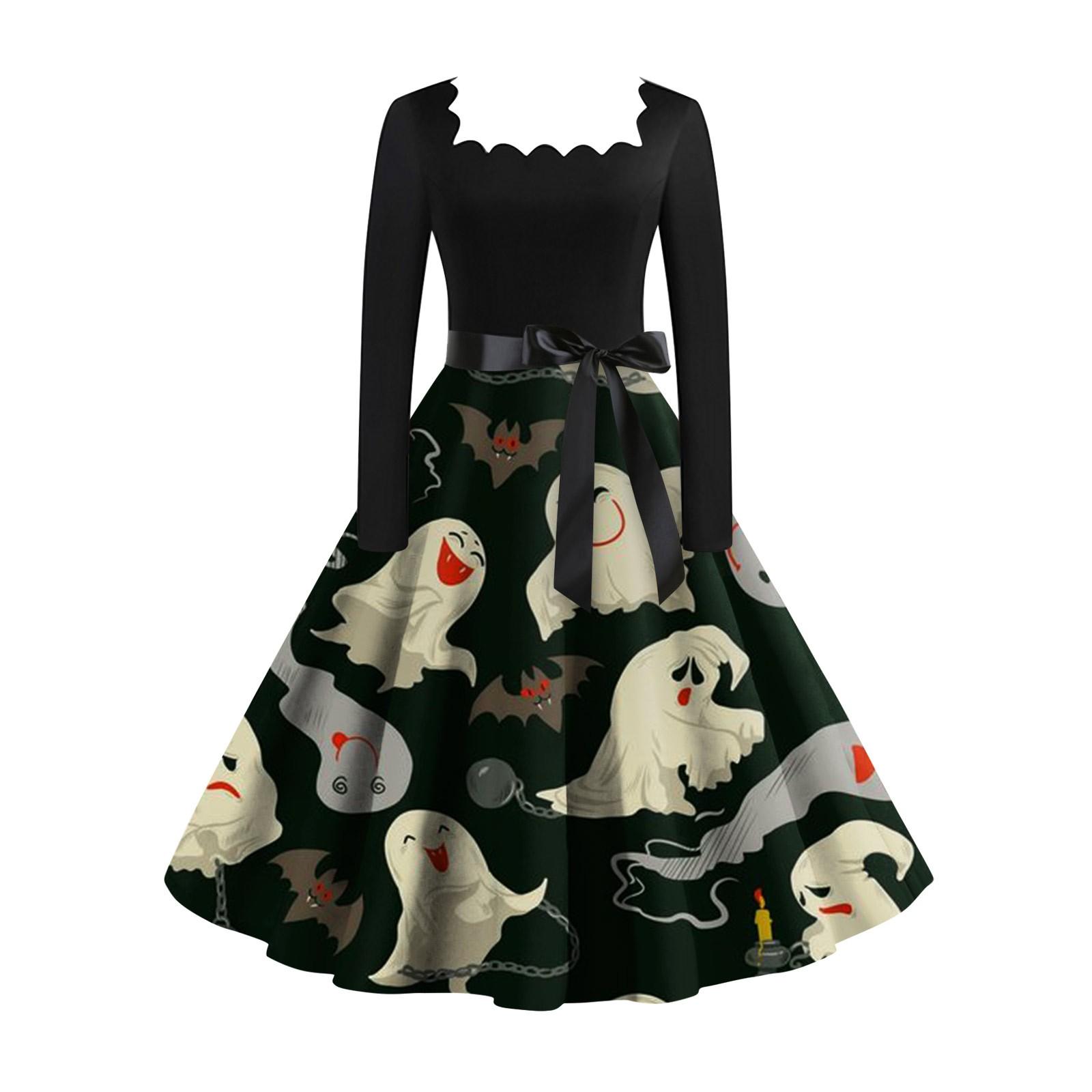 

Women s Casual Fashion Halloween Print Vintage Long Sleeve Dress L хакі