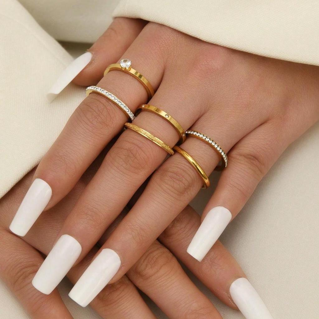 6/8-Piece Minimalist Rhinestone Stainless Steel Ring Set for Daily & Holiday Wear Unisex