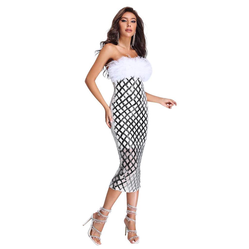 Europe America Fashion Women's Sexy Strapless Sequin Feather Bandage Dress