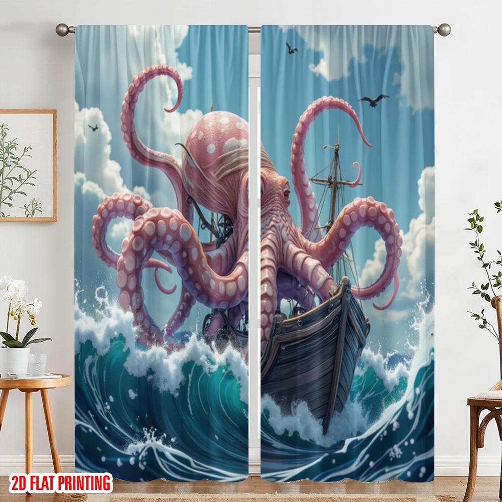 2pcs,2D plane printing Curtains Digital Printed Krakens Embrace Versatile Durable Polyester (without rod) Outdoor Decorations