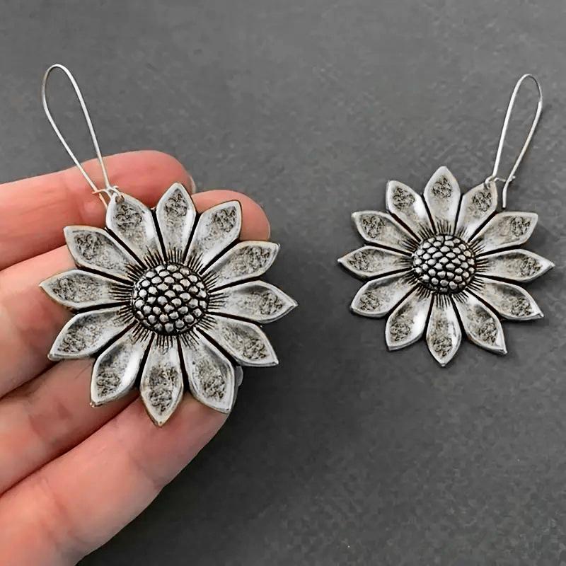 Vintage Sunflower Long Wire Hook Drop Earrings Retro Embossed Floral Dangle Ear Rings for Women