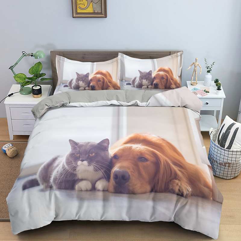 Dog Cat King Queen Duvet Cover Pet Kitty Puppy Bedding Set For Kids Teens Adults Lovely Animals Blue Soft 2/3pcs Quilt Cover