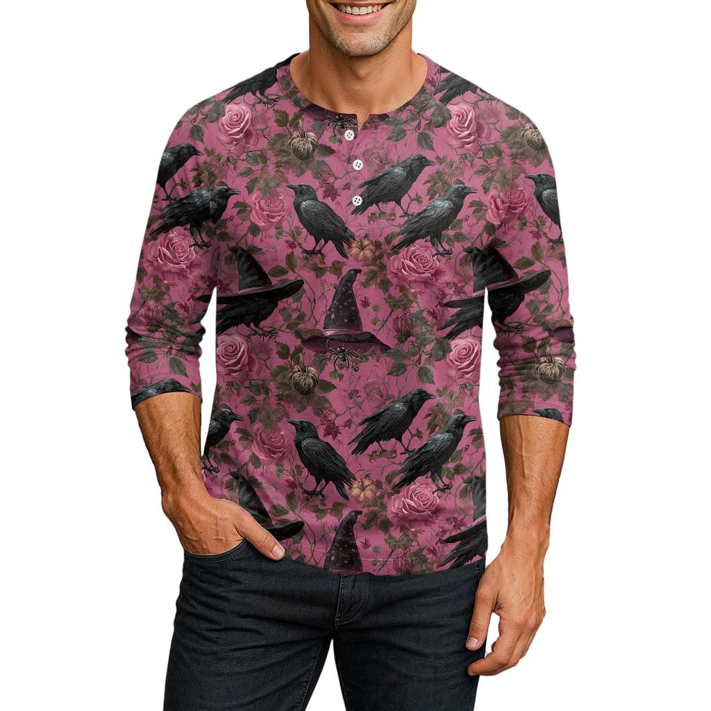 Men's Casual Halloween Print Raglan Sleeve Henley Shirt Three Quarter Sleeve Lightweight Comfortable Top for Everyday Wear