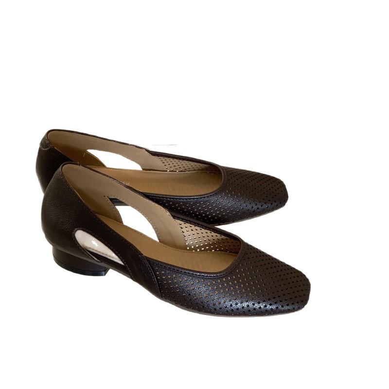 Super soft leather single shoes square head hollow hole sandals retro shallow mouth breathable Mary Jane shoes thick heel women's shoes
