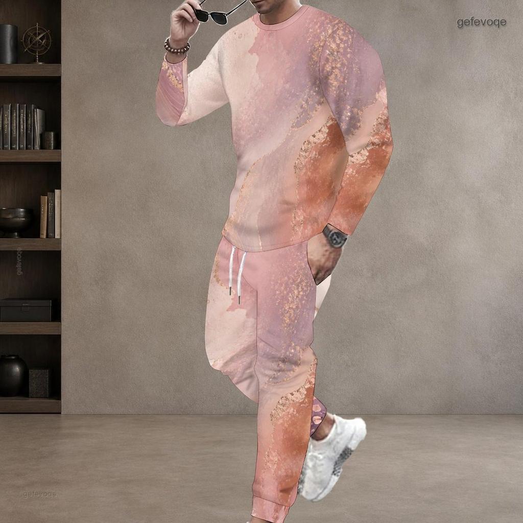 Men Plus Size Pink Printed Round Neck Long Sleeve Top Cuffed Pants Two Piece Set