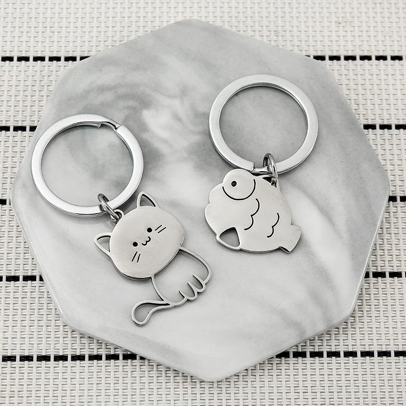 Fish Bone Cat Stainless Steel Keychain Cute Cartoon Matching Style Fashion Couple Friend Pendant Practical Bag Decoration