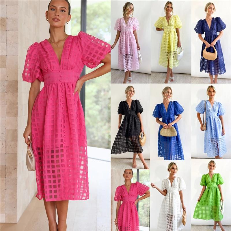 European And American Style Summer New Style Ladies Multicolor Lantern Sleeve Dress Casual Party Dress Women