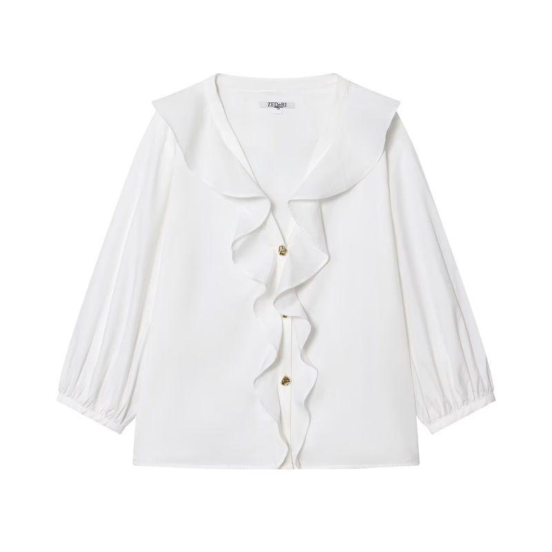 Zbzr Spring New Women Clothes Western Style Fashion V-neck Long Sleeve Laminated Decorative Poplin Shirts 2298154