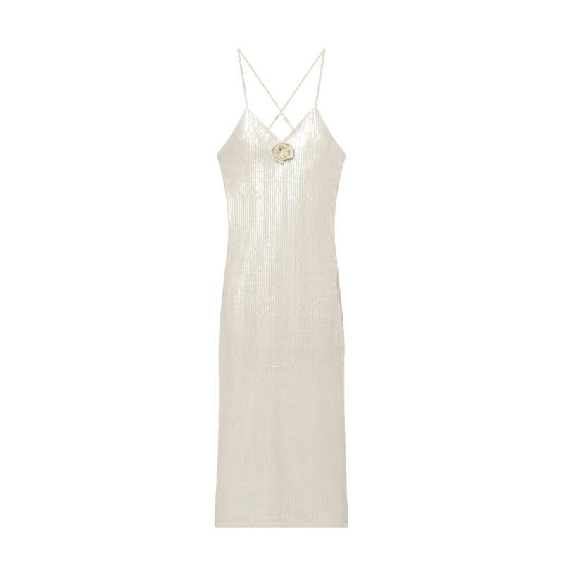 Winter 2025 European Sequin Floral Spaghetti Strap Dress Large грязно-белый