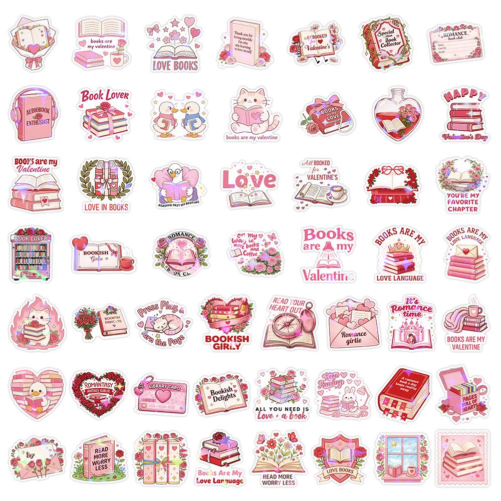 10/30/50pcs Holographic Laser Style Bookish Cartoon Stickers Cute Pink Valentine's Day Aesthetic Sticker DIY Stationery Laptop