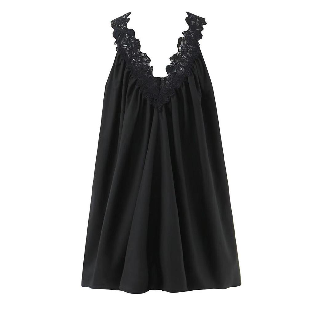 Spring 2026 Sleeveless Lace Patchwork Mini Dress - Retro V-Neck Dress