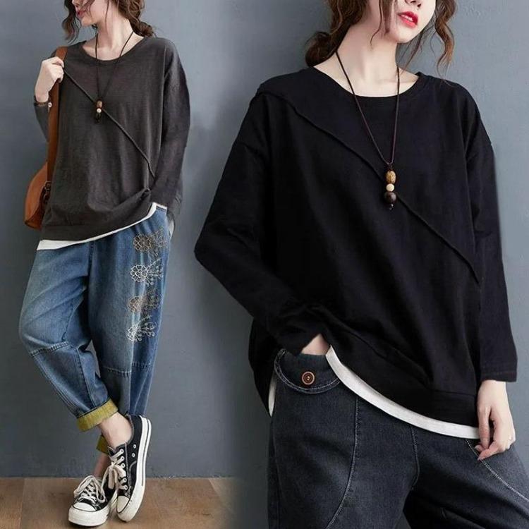 Women Oversized Pullovers Long Sleeves Round Neck Loose Tops Comfortable Stretch Cotton Blouse Solid Color Autumn Winter