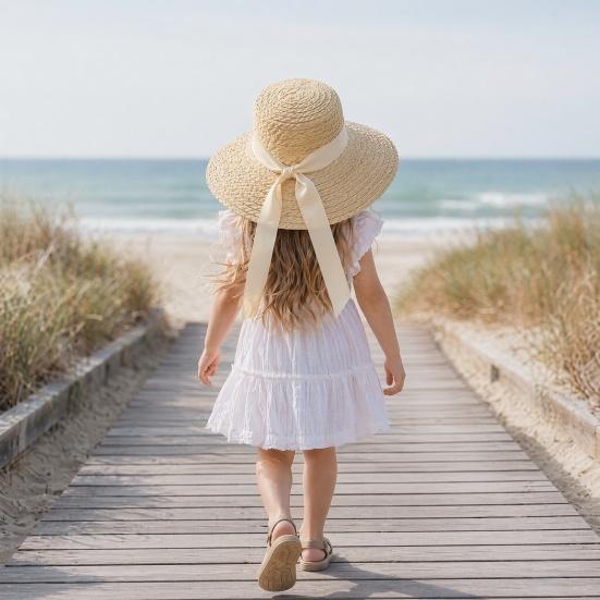 Children Straw Hat, Ribbon Bowknot Decor Wide Brim Beach Hat, Furry Trim Round Shape Summer Hat for Outdoor Play Travel