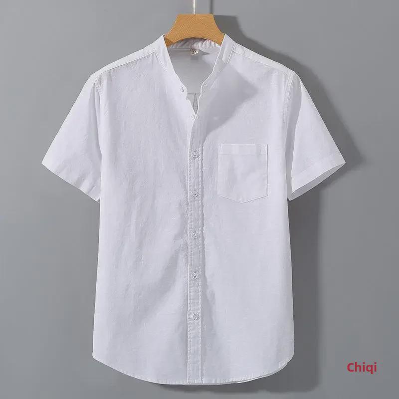 Men's Summer Cotton Linen Short Sleeve Shirt - Solid Color Casual Stand Collar Top