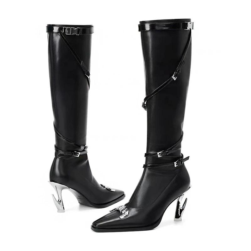 Fashion Brand Strange Heel Black Y2K Long Boots Women 2025 Winter Gothic Metal Bucket Knee High Boots Pointed Toe High Heel Sexy Shoes
