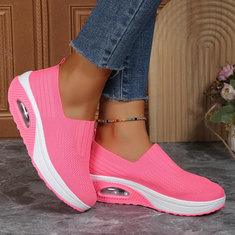 Fashion Spring White Casual Shoes Air Cushion Platform Sports Shoes Women Breathable Sneakers Thick Sole Slip On Knitting Walking Shoes