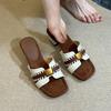 French high-end square head woven thick heel cool slippers women's summer leather metal buckle open toe wear one-word cool slippers