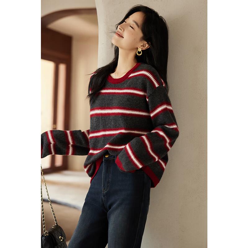 VICTORIA&VERA Women's Raccoon Velvet Wool Blend Striped Round Neck Long Sleeve Knitted Sweater