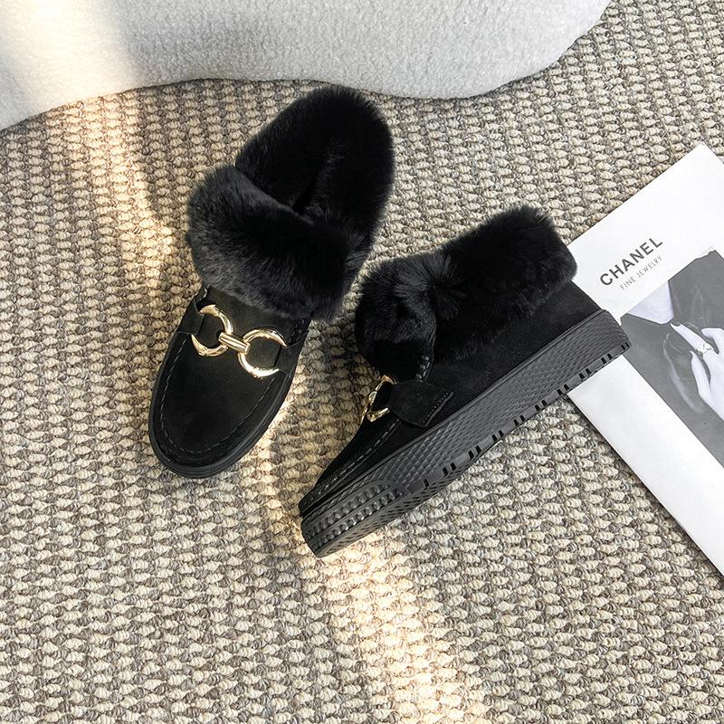 Leather fur shoes women's winter new Doudou shoes women's cotton shoes piled thickened soft sole non-slip warm black cotton boots