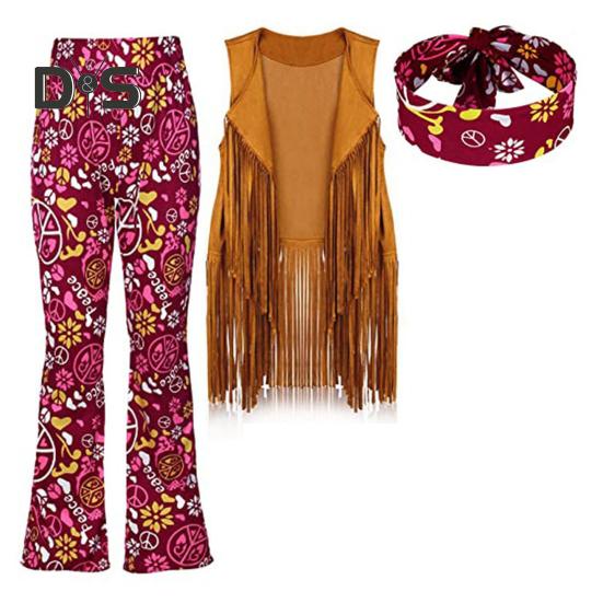 Kobiety kostium hipisowski stroje Retro rozkloszowane spodnie kamizelka z frędzlami zestaw opasek na Halloween Cosplay taniec w klubie nocnym