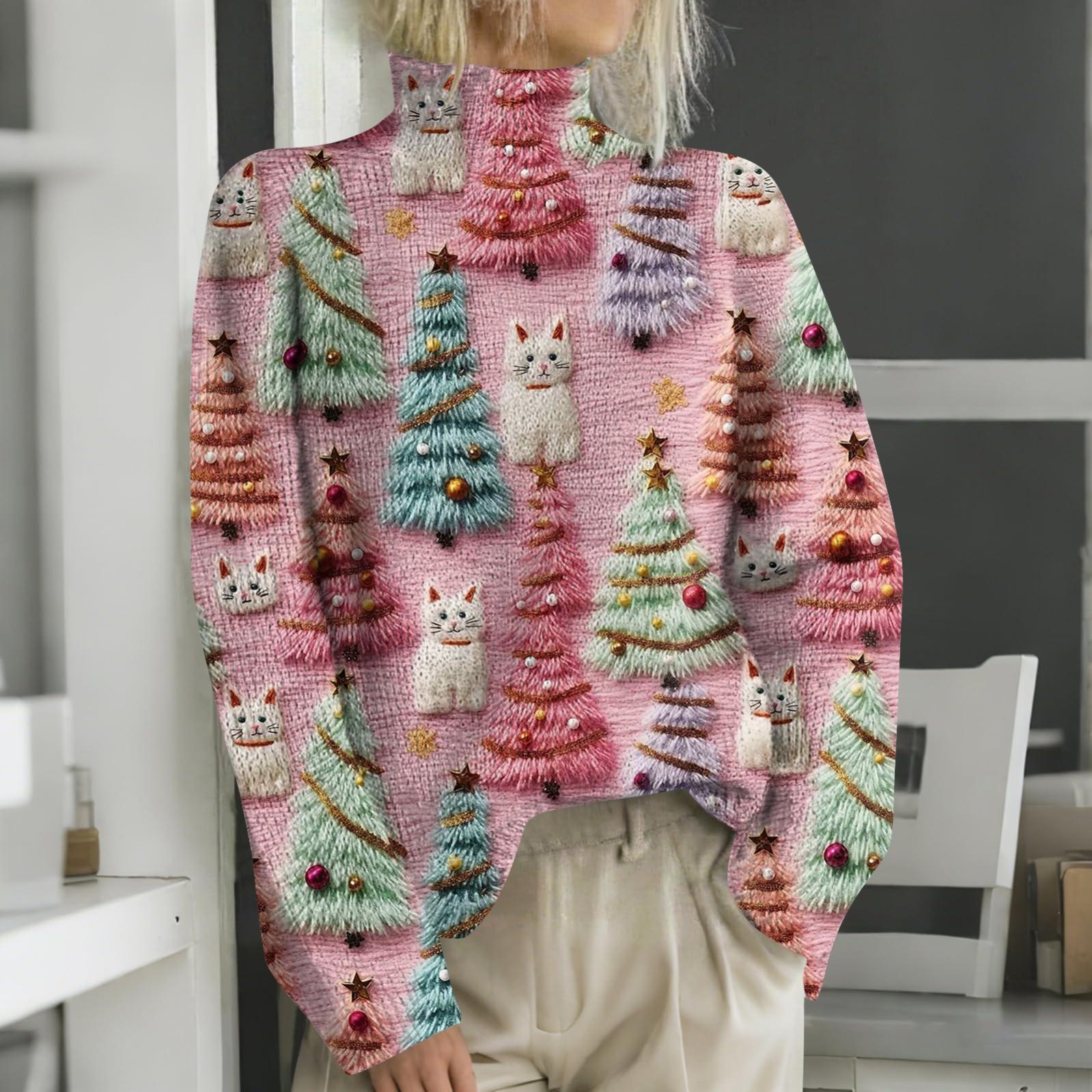 

Рождественские толстовки для женщин Вязаный свитер Милая рубашка Осенняя водолазка Пуловер Топы S розовый