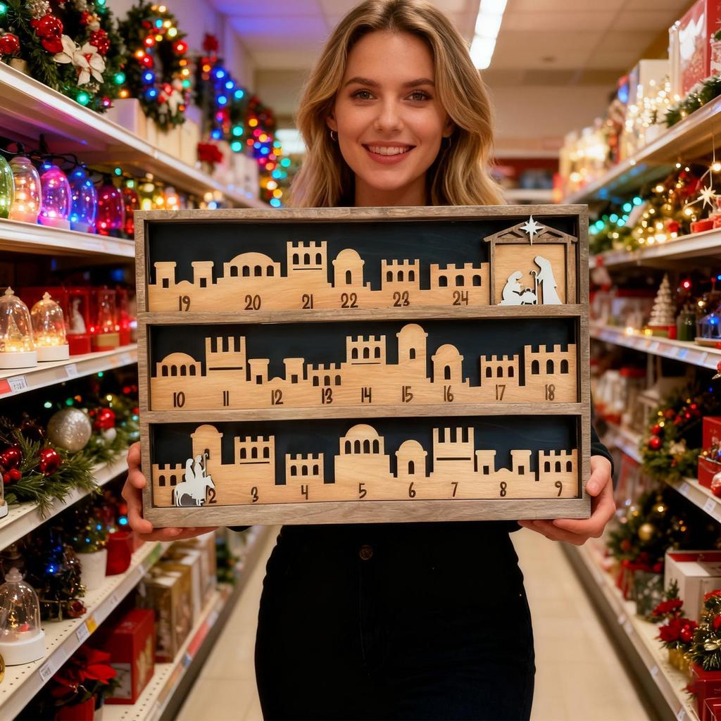 Nativity Scene Countdown Calendar 25 Days Wood Christmas Religious Table Decor Multi-Functional Religious Table Ornament Tray