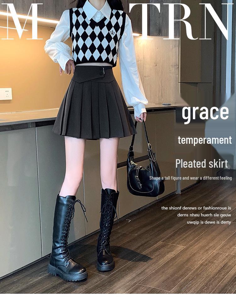 Petite High-Waist Grey Pleated A-line Skirt for Women - Spring/Autumn/Winter 2026 Fashion