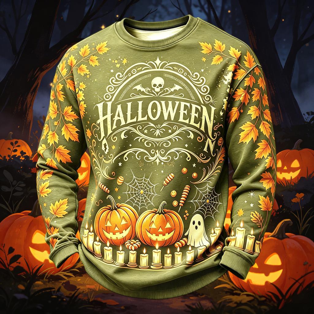 Men's Casual Round Neck Long Sleeve Top with Halloween Print