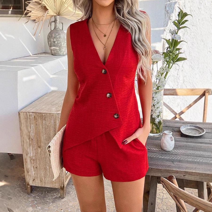 European & American Summer Fashion: V-Neck Irregular Vest and Shorts Set