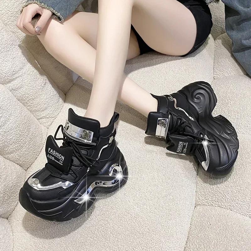 Fashion Autumn Women Chunky Sneakers 6.5CM Heels Winter Thick Sole Casual Vulcanized Shoes High Platform Genuine Leather Sneakers Woman