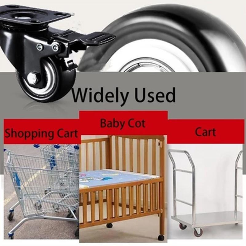 4 szt. Ciche podwójne kółka obrotowe z podwójnymi łożyskami kulkowymi, czarne, obrotowe z hamulcem, kółka do wózka 1,5" - 2"