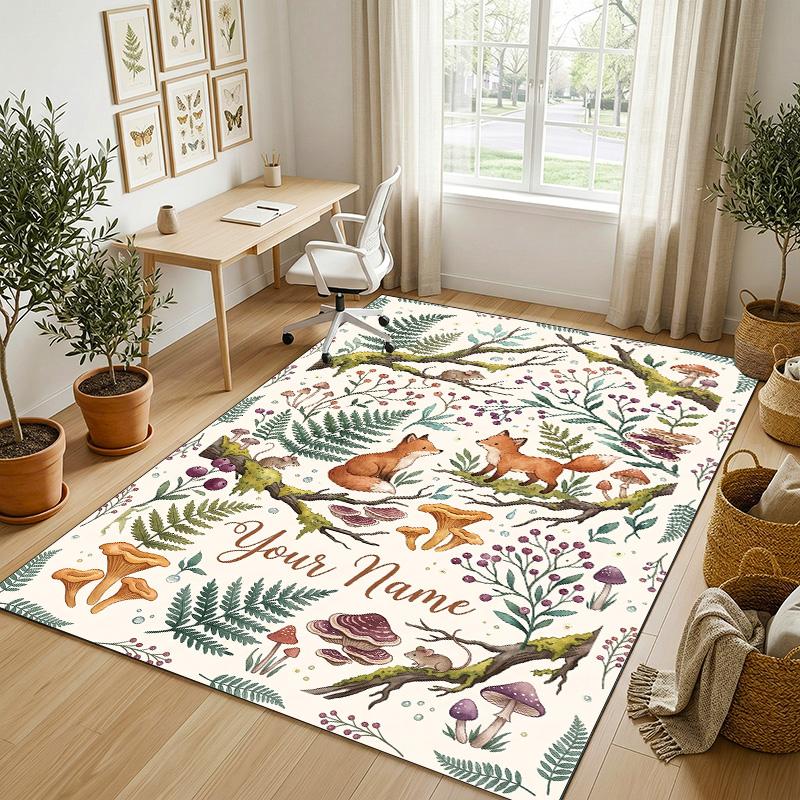 Forest Fox Theme Soft Crystal Velvet Rug Custom Name & Text Print Non Slip Floor Rug for Bedroom Living Room