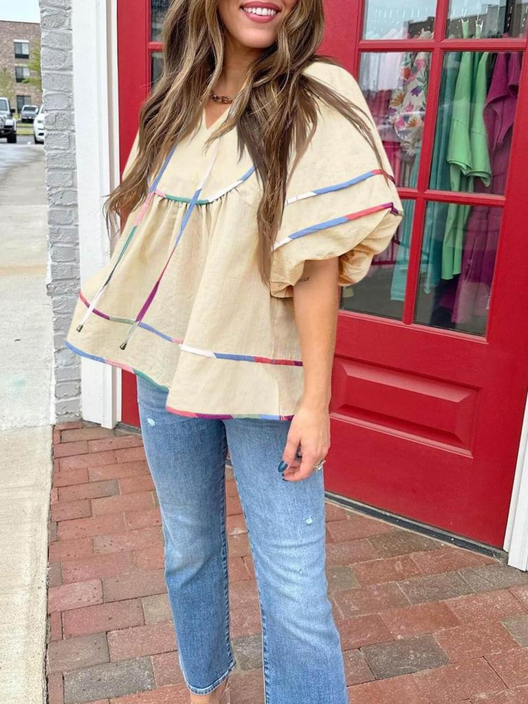 Women's Babydoll V Neck Blouse Short Lantern Sleeve Loose Peplum Flowy Top
