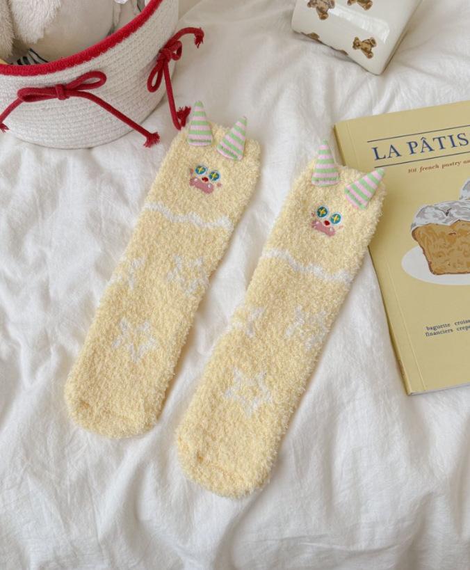 

New Cartoon Cute Little Monster Coral Fleece Socks for Women Winter Thick Plush Non Shedding Home Sleep Mid Tube Warm Cozy Socks One Size