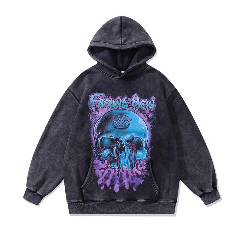 American High Street Skull Direct Injection Printed Hoodie Retro Old 430G Cotton Loose Wash Sweater Men