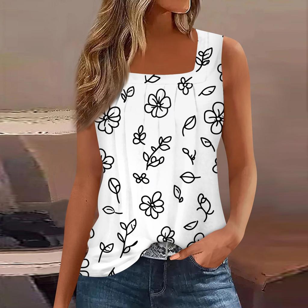 Modisches, lässiges Tanktop für Damen mit Blumendruck und quadratischem Ausschnitt, ärmellos