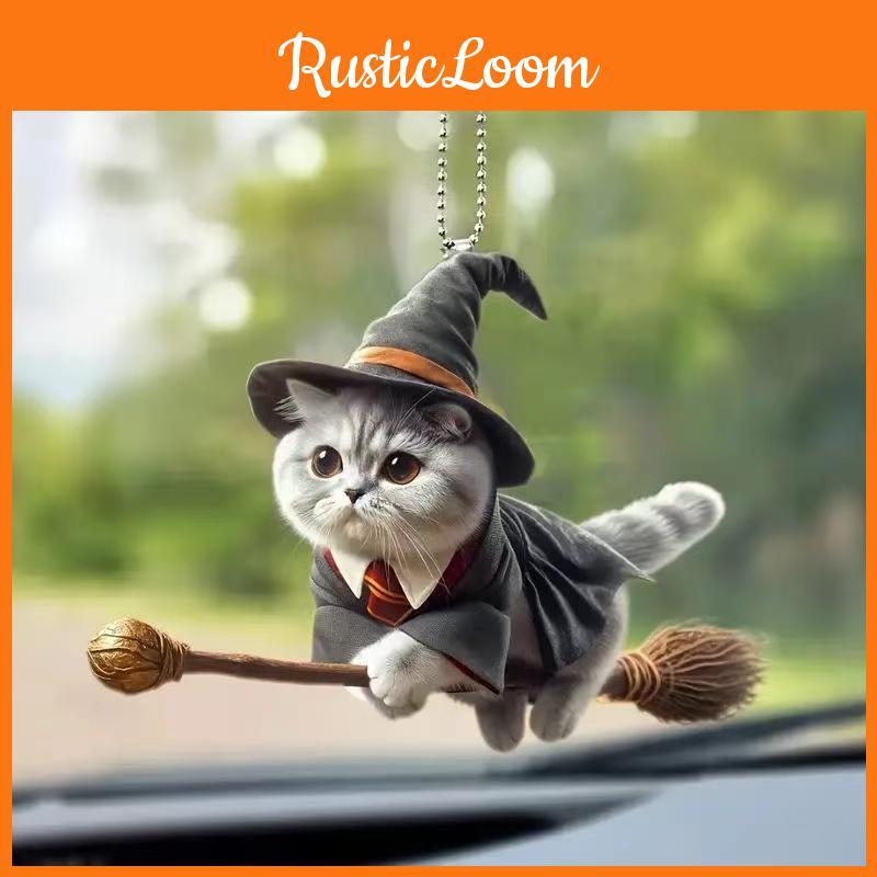 Broom Cute Riding Magic Cat Pattern Acrylic Pendant Car Accessories Decoration