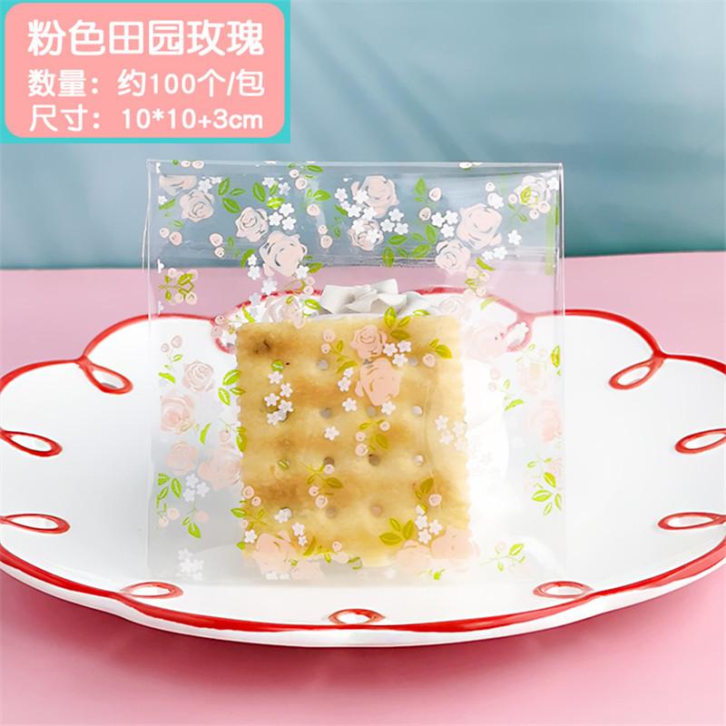100 Pcs 10x10+3cm Flower Pattern Printed Plastic Bags Cookie Biscuits Snack Self Stick Package For Wedding Party Gift