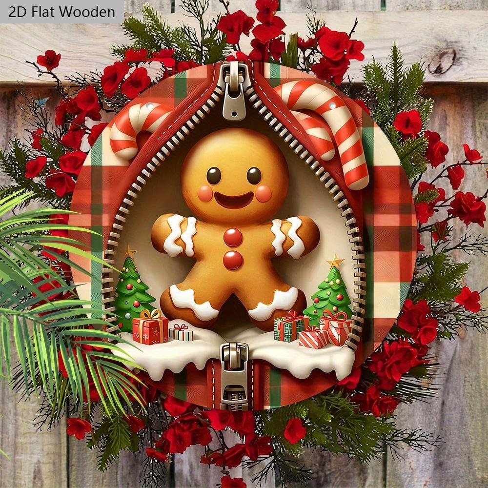 Christmas Wooden Sign with Adorable Gingerbread Man Pattern - Navidad Round Sign for Front Door, Wall Hanging Decor - Ideal Christmas Decoration