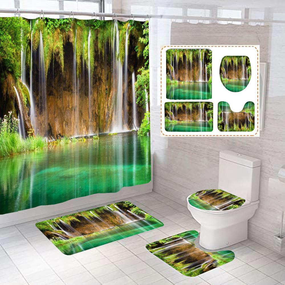 Wasserfall Landschaft Druck Duschvorhang Wald Szenerie Wasserdichte Badezimmer Vorhänge Heimdekoration Rutschfeste Teppiche Duschvorleger Set
