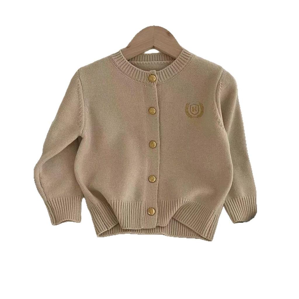 Kids Preppy Solid Embroidered Cardigan Sweater Spring Autumn Unisex Jacket