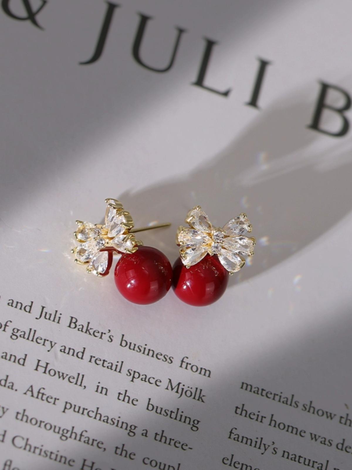 2024 Retro Red Bow Pearl Stud Earrings - Women s Unique Autumn Winter Style