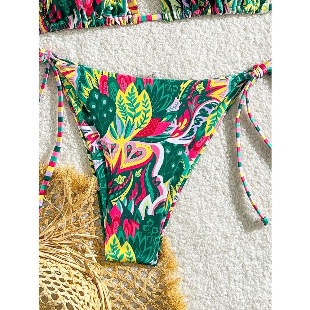 2026 New Bikini European and American Triangle Cup Print Lace-up Swimsuit Hot Girl Small Fresh Seaside Bikini Swimsuit