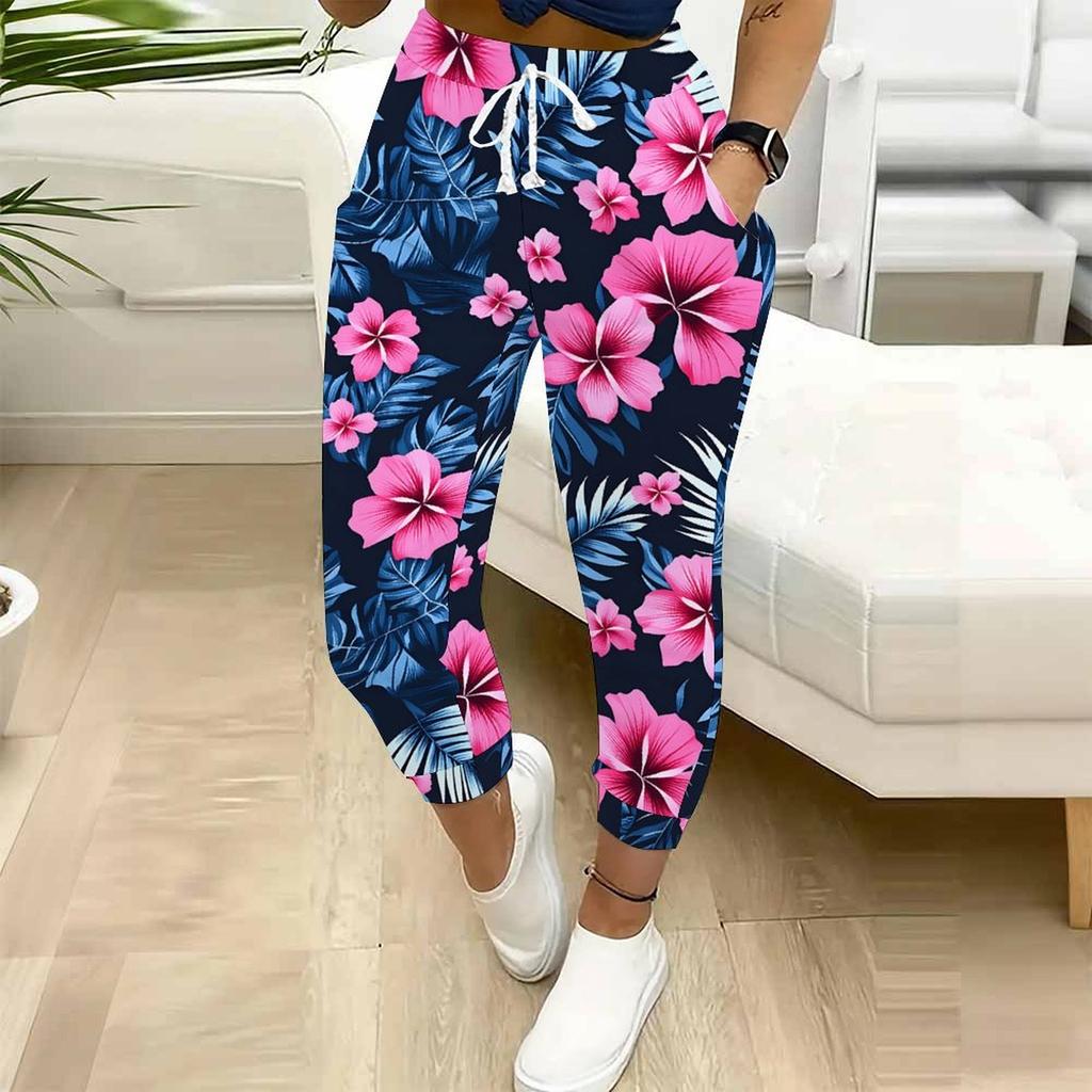 Summer Ladies Geometric Line Printed Sweatpants Loose Fit Drawstring Joggers Elastic Cuff Daily Casual Pants