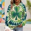 Women Plus Size Long Sleeve Dark Green Clover Printed Drawstring Hoodie Kangaroo Pocket Pullover
