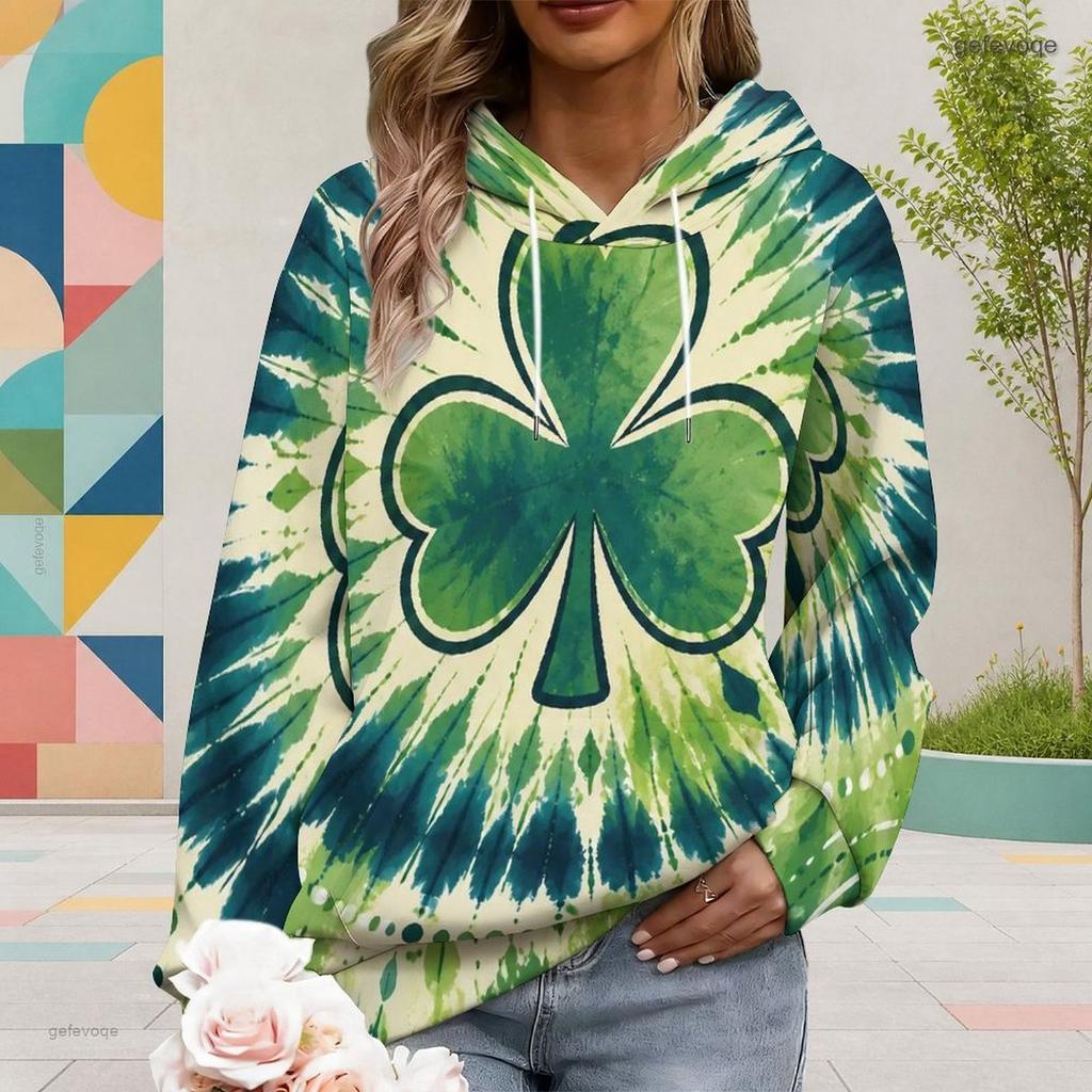 Women Plus Size Long Sleeve Dark Green Clover Printed Drawstring Hoodie Kangaroo Pocket Pullover