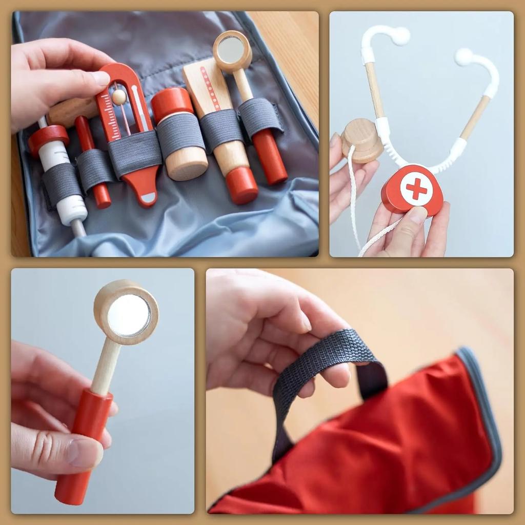Wooden Pretend Play Red Doctor's Kit Educational Toys for Children Medical Simulation Medicine Chest Set for Kids Role Playing